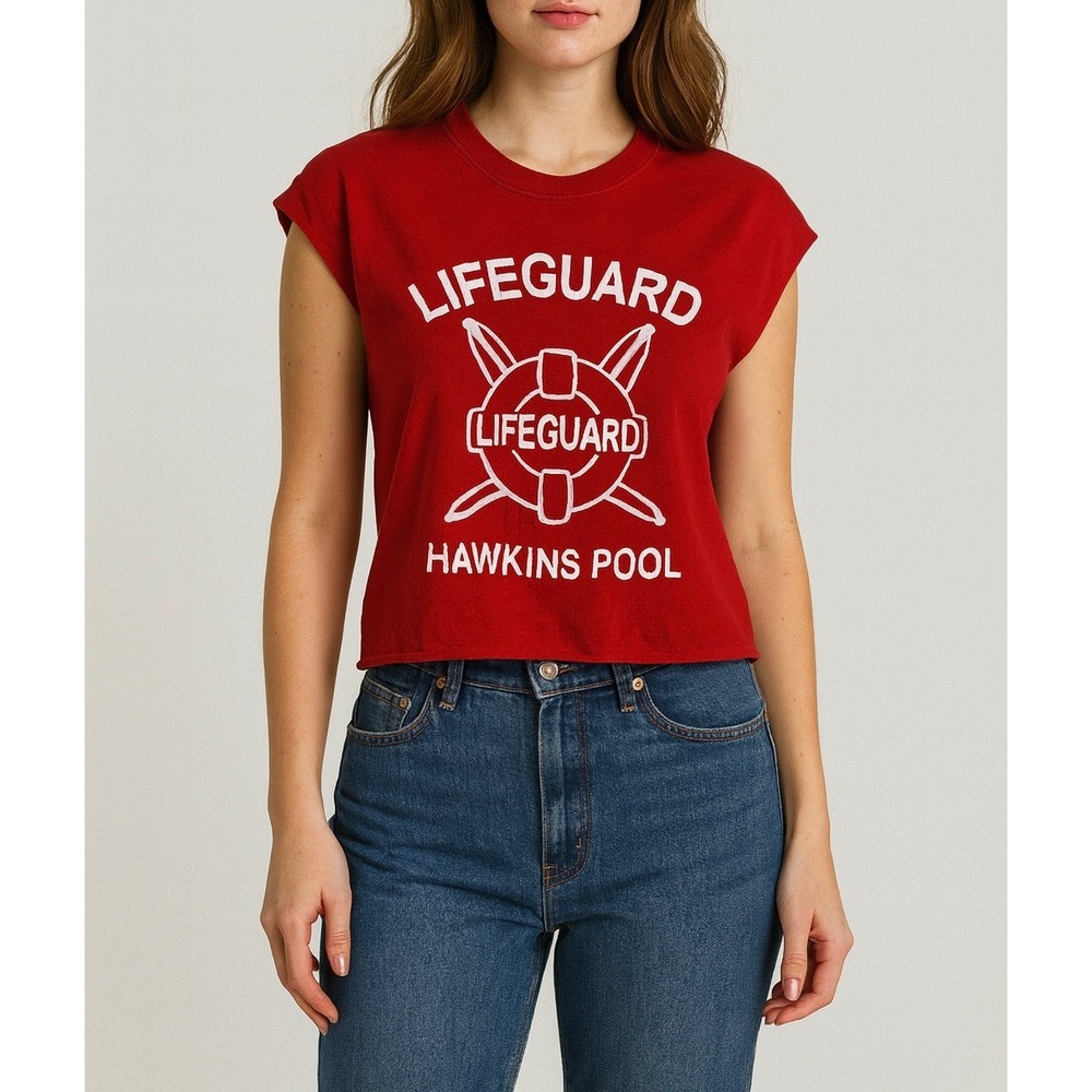 "Lifeguard Hawkins Pool" Red Graphic Crop Tee — Women's Size S